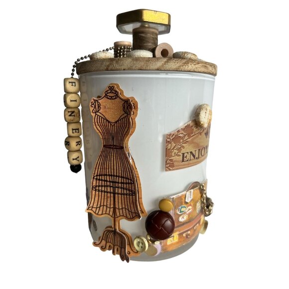Dress Form Finery Glass Jar, Button Encrusted Lid Vanity Jar Suitcase SEW Trinke - Picture 1 of 9